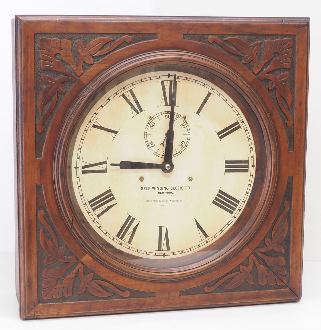Self-Winding Wall Clock for New York Telephone, Brooklyn: Self-Winding Wall Clock for New York Telephone, Brooklyn, 1910 in Mahogany Relief Carved Case Condition NOTICE! VERY IMPORTANT! Chupp Auctions is pleased to issue an opinion on any lot; the absence of