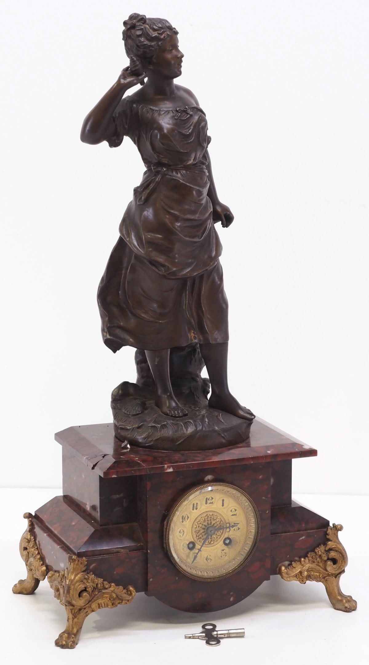 French Marble & Bronze Shelf Clock with Seashore Female Figure: French Marble & Bronze Shelf Clock with Seashore Female Figure signed Bruchon, Brass Movement Stamped 4647, with key - damage to marble on case Condition NOTICE! VERY IMPORTANT! Chupp Auctions is plea