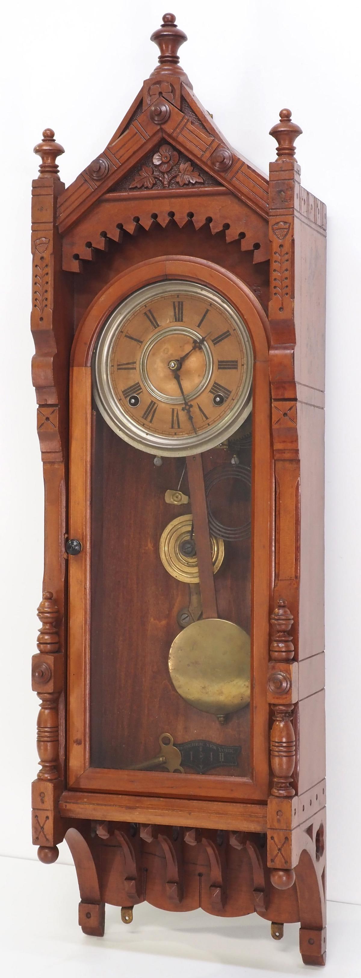 F. Kroeber No.30 Regulator Wall Clock with Gothic Mahogany Case: F. Kroeber No.30 Regulator Wall Clock with Gothic Mahogany Pencil Carved Case, 8-Day Time and Strike, with key Condition NOTICE! VERY IMPORTANT! Chupp Auctions is pleased to issue an opinion on any lo