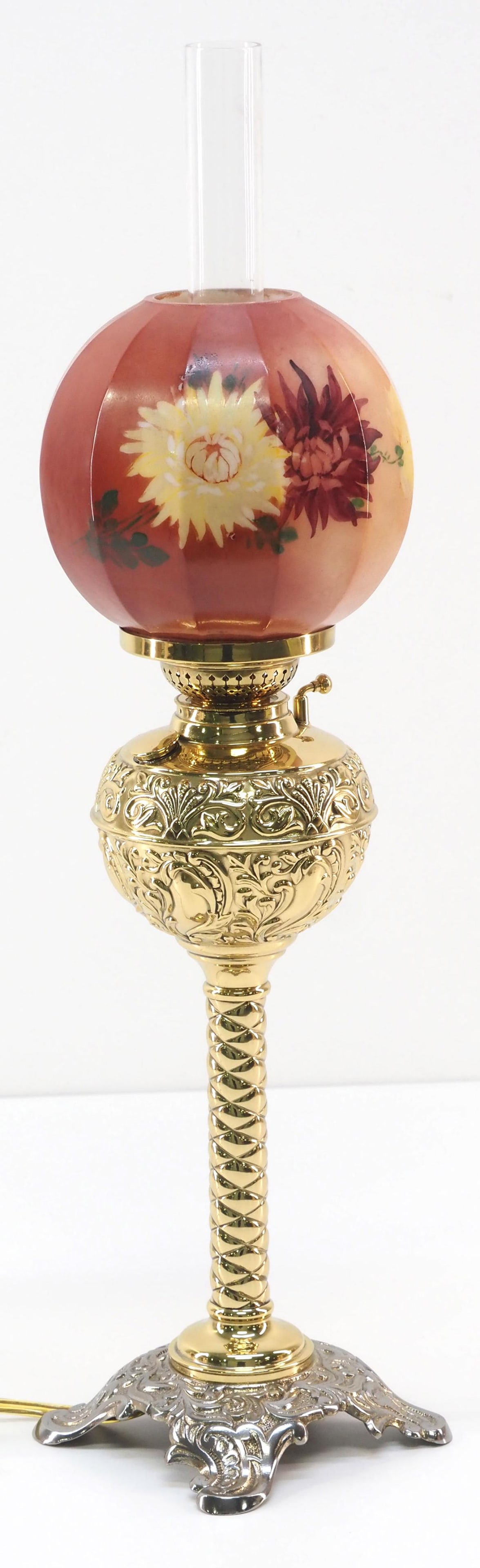 Miniature Polished Brass 2-Tone Victorian Banquet Lamp: Miniature Polished Brass 2-Tone Victorian Banquet Lamp with Hand-Painted Glass Ball Shade Condition NOTICE! VERY IMPORTANT! Chupp Auctions is pleased to issue an opinion on any lot; the absence of a c