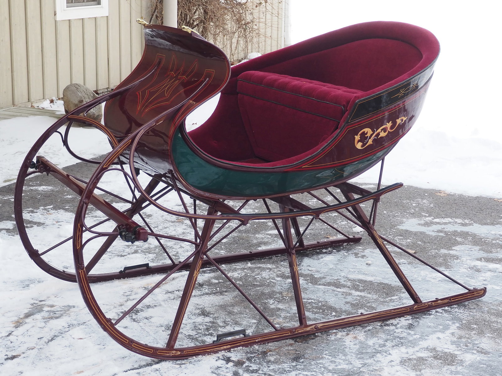 Albany Sleigh made by Excelsior Carriage Co: Albany Sleigh made by Excelsior Carriage Co, Rivertown, NY with brass tag, circa 1890, features brass eagle rein rail, whip holder, wool mohair upholstery, with shafts, 74"L x 46"W x 49"H - Profession