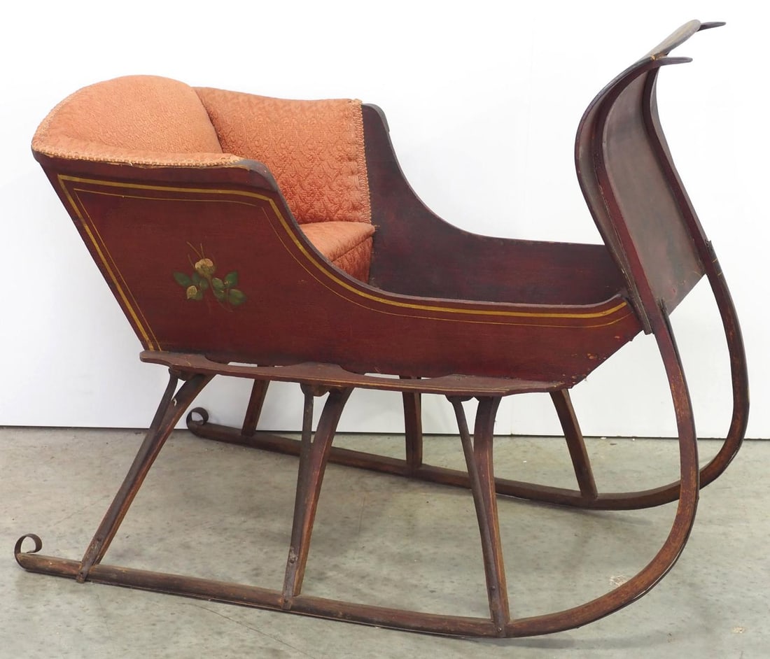 Early wooden child's sleigh: Early wooden child's sleigh with upholstered seat and original paint, 35"L x 20.5"W x 29"H