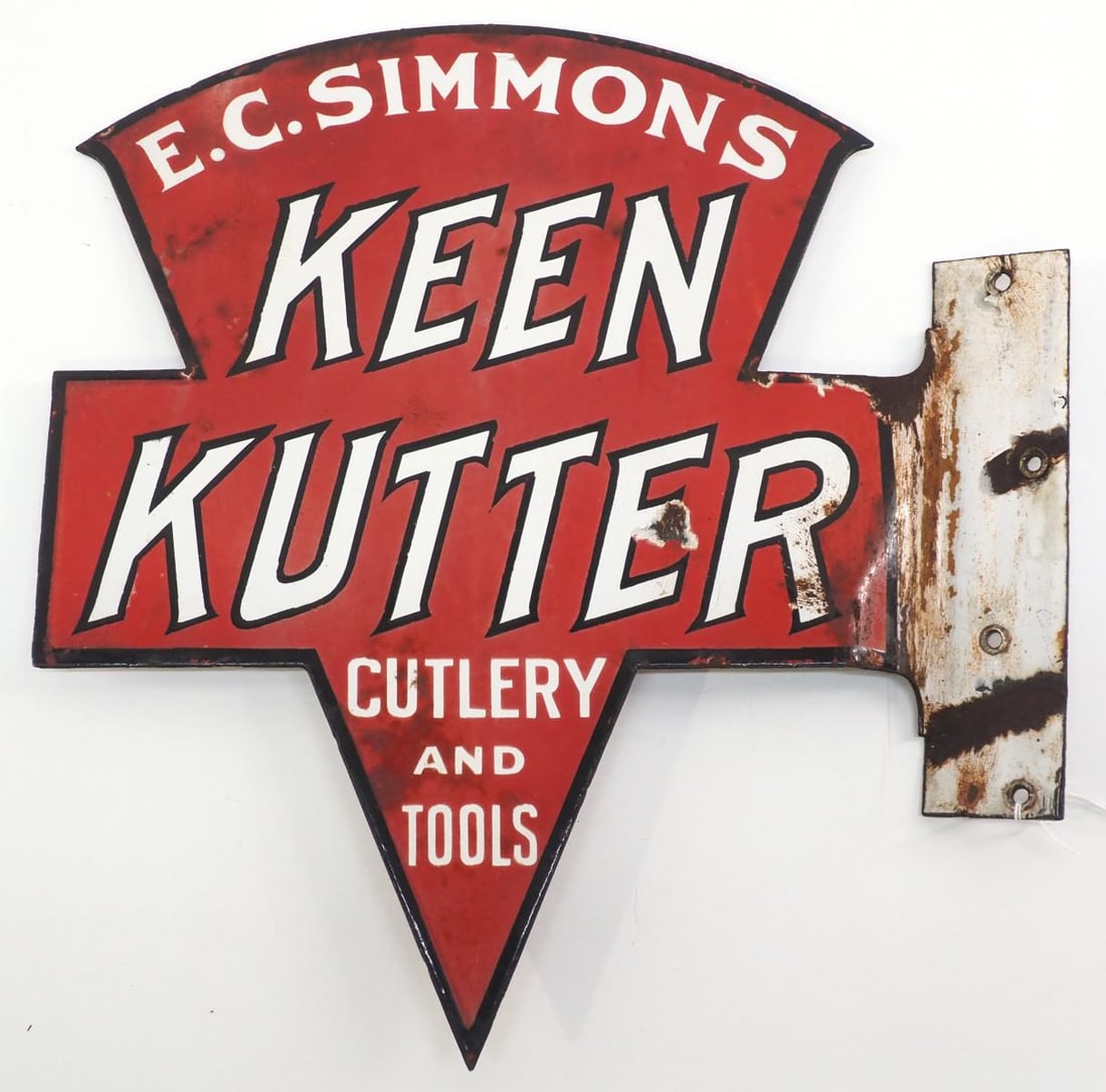 Flanged Keen Kutter logo-shaped sign: 12"x14" DSP flanged Keen Kutter logo-shaped sign - Fair, flange is bent
