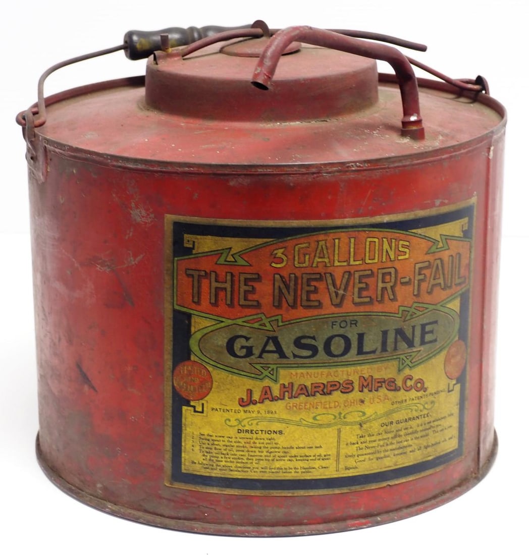The Never-Fail For Gasoline tin: 3-gallon The Never-Fail For Gasoline tin for J.A. Harps Mfg. Co. with good label, empty - Good Condition Good
