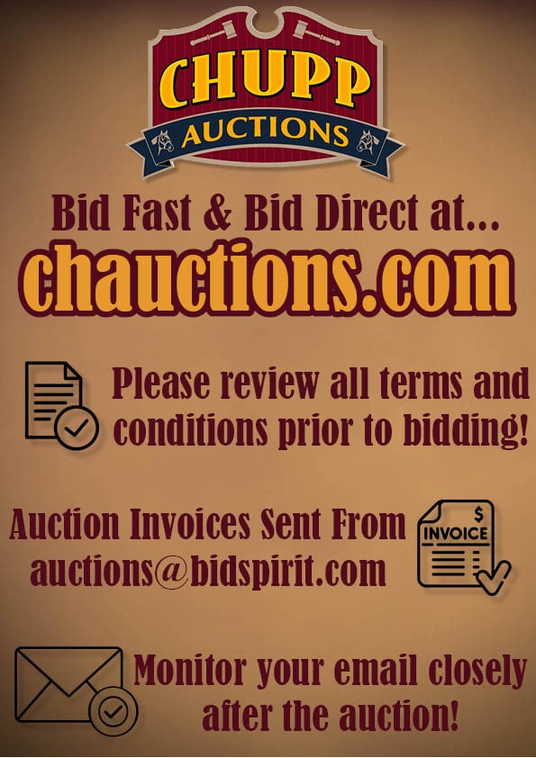 TERMS & CONDITIONS: NOTICE! VERY IMPORTANT! Chupp Auctions is pleased to issue an opinion on any lot; the absence of a condition report does not indicate that a lot is in perfect condition or free from any damage,