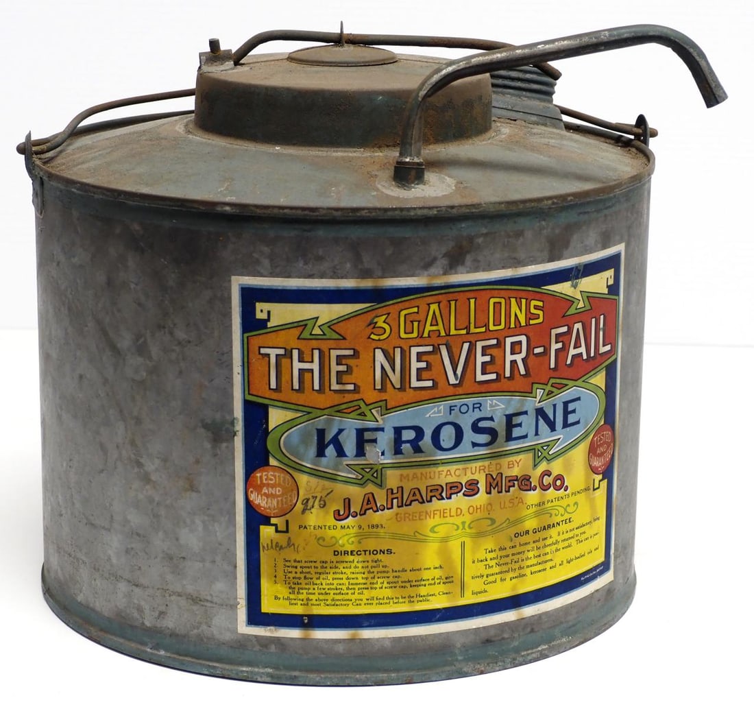 The Never-Fail For Kerosene tin: 3-gallon The Never-Fail For Kerosene tin for J.A. Harps Mfg. Co. with good label, empty