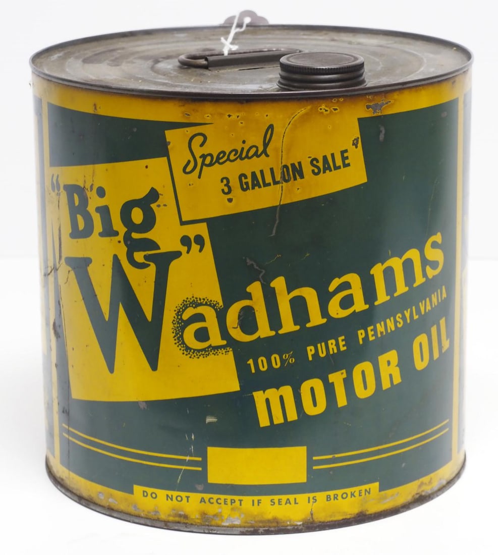 3-gallon Big Wadhams Motor Oil tin: 3-gallon Big Wadhams Motor Oil tin, empty