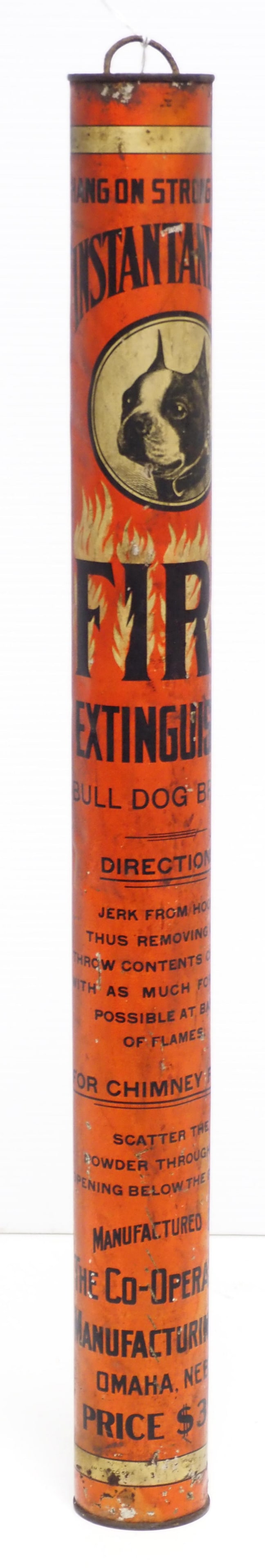 Bull Dog Brand Fire Extinguisher: Bull Dog Brand Instantaneous Fire Extinguisher with very good dog graphic * * NOT ELIGIBLE FOR IN-HOUSE SHIPPING. Please contact the auction house for transport options and additional details. Items