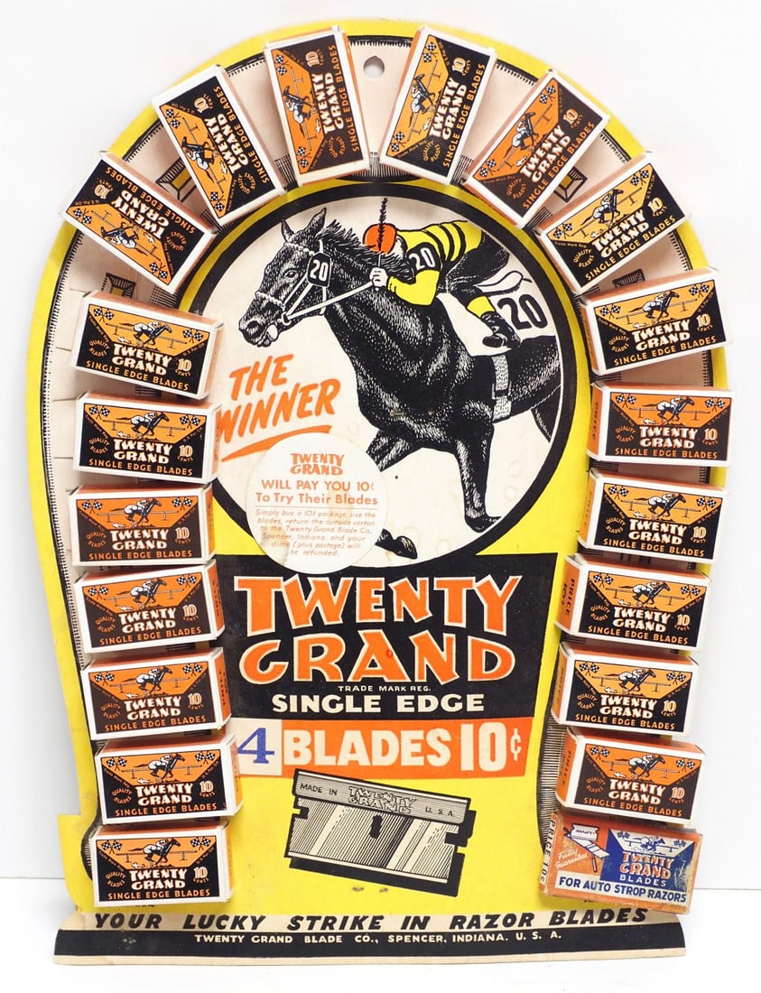 Twenty Grand Razor Blade Display: 9"x12" cardboard stand-up product display for Twenty Grand Razor Blade Display with product - Very Good Condition Very Good