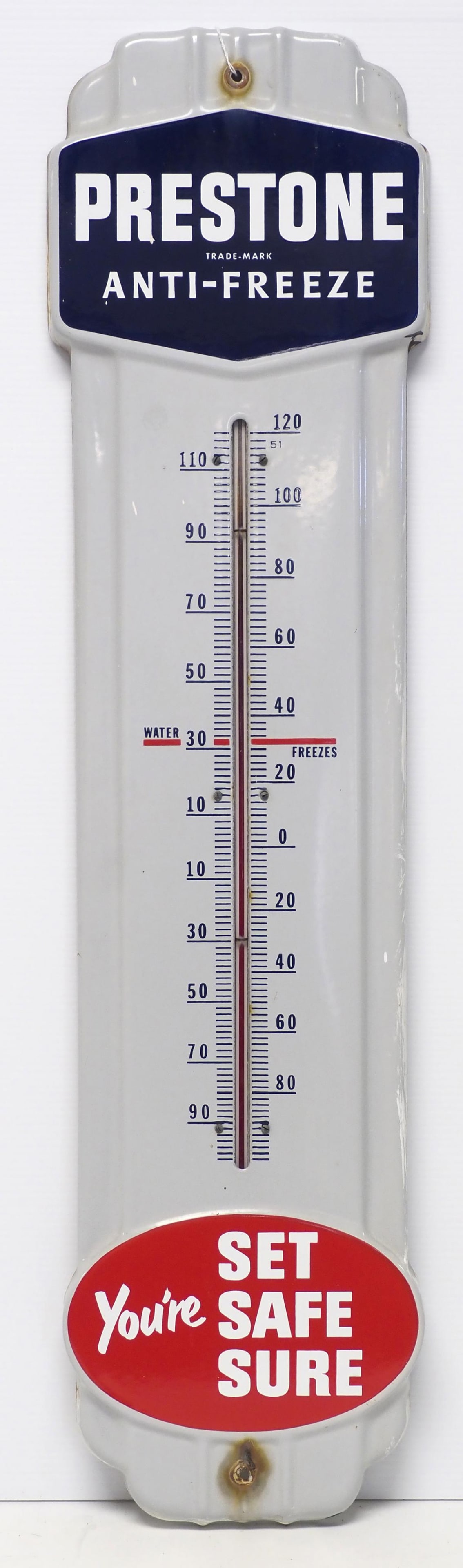 Prestone Anti-Freeze thermometer: 9"x36" SSP Prestone Anti-Freeze thermometer - Very Good, extra paint around edges Condition Very Good, extra paint around edges