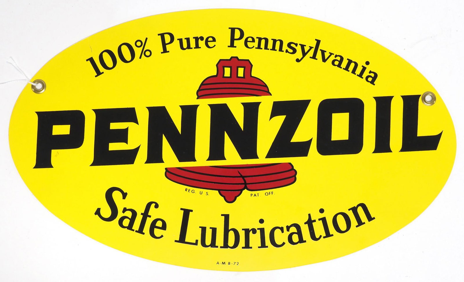 Pennzoil Safe Lubrication oval sign: 16.5"x10" DST Pennzoil Safe Lubrication oval sign, marked A-M 8-72 - Excellent Condition Excellent