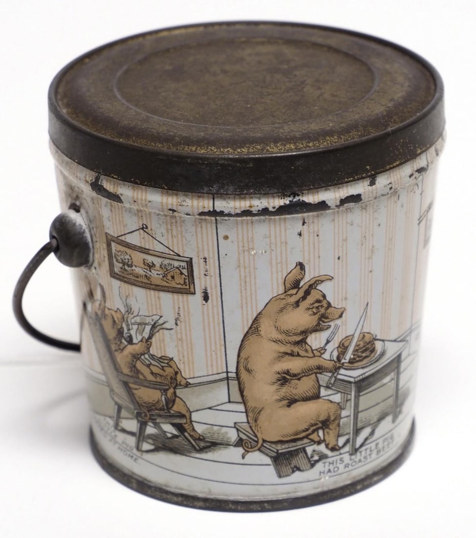 Miniature tin bucket with Three Little Pigs: Miniature tin bucket with Three Little Pigs graphics, 3"dia x 3"H