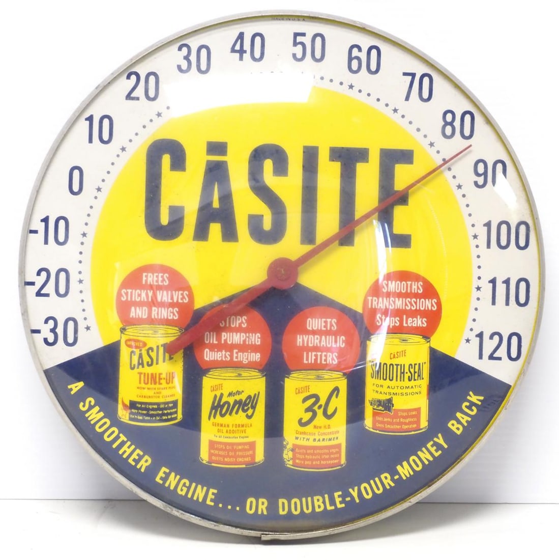 Casite thermometer: 12"dia. tin & glass Casite thermometer - Good with some rust toward bottom of face Condition Good with some rust toward bottom of face