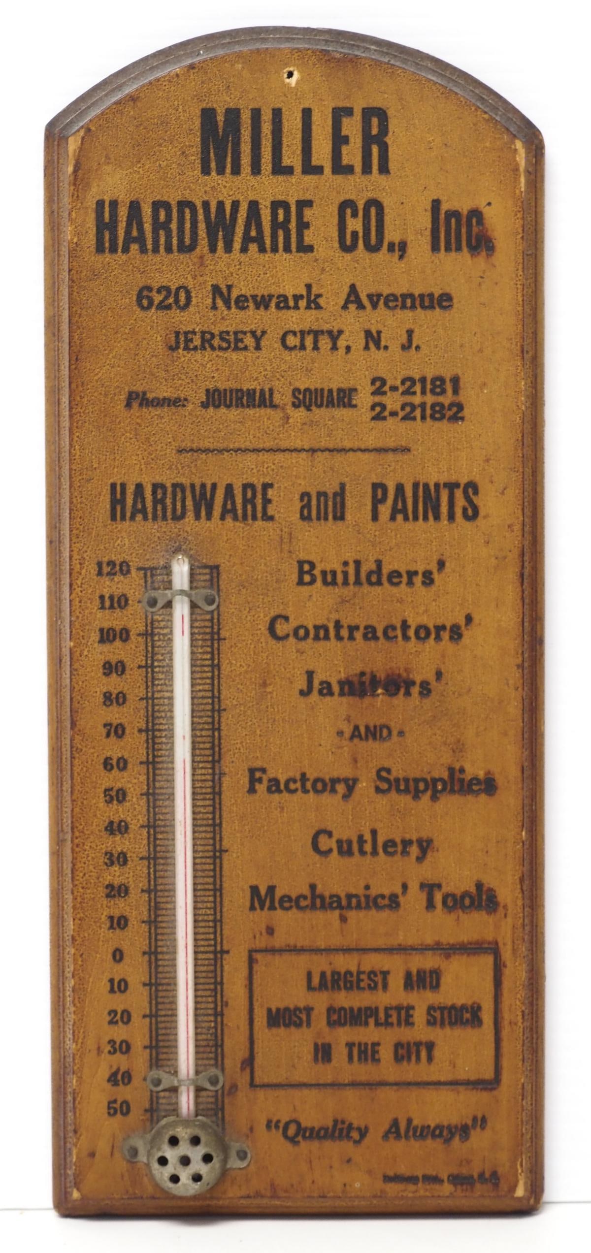 Miller Hardware Co., Jersey City thermometer: 5"x12" wooden Miller Hardware Co., Jersey City, NJ thermometer - Good, thermometer not working Condition Good, thermometer not working