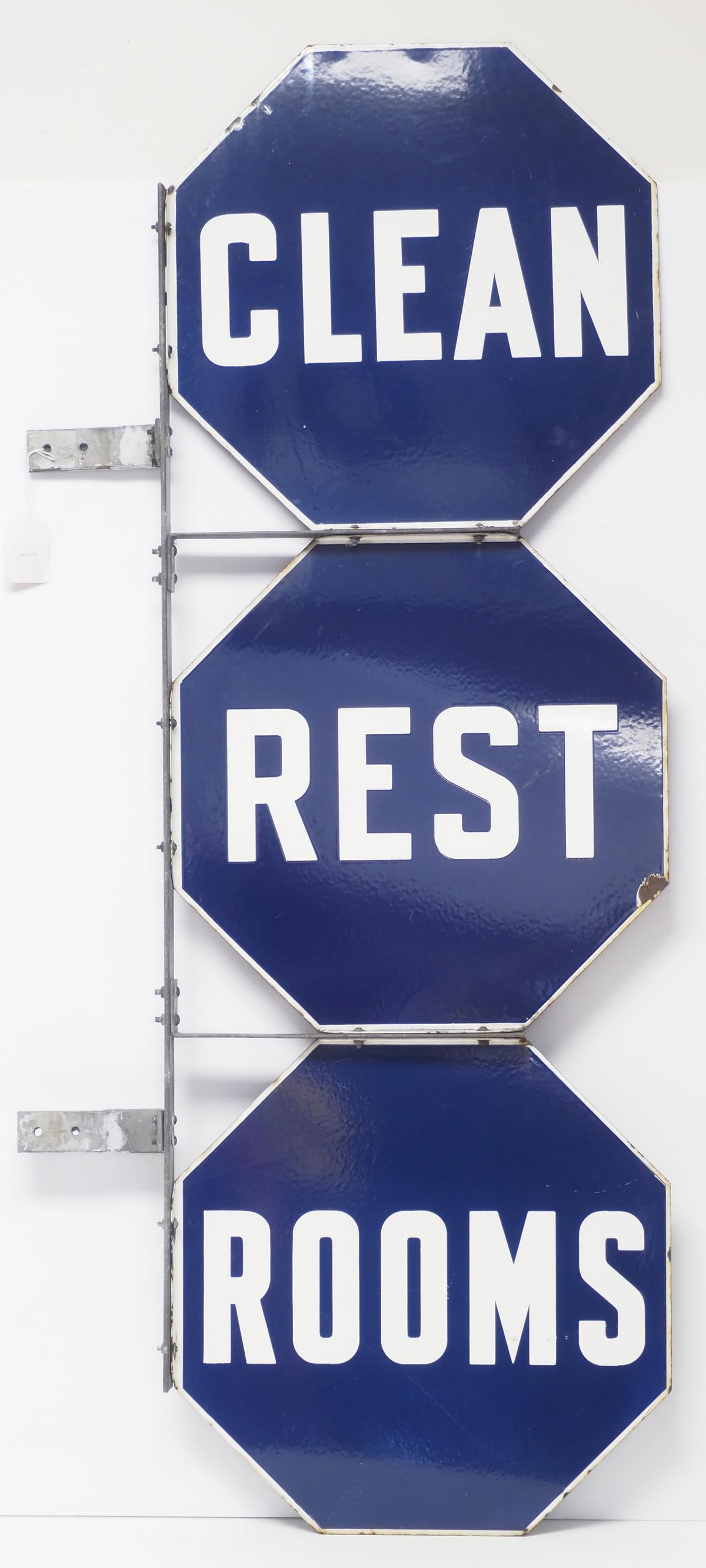 3-pc DSP Pure Oil Clean Rest Rooms sign: 3-pc DSP Pure Oil Clean Rest Rooms sign with frame, overall 18"x54" - Very Good Condition Very Good