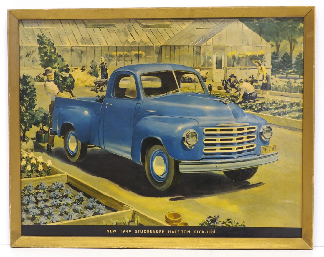 Cardboard ad for Studebaker Pick-Up: 24.5"x19" framed cardboard advertisement for New 1949 Studebaker Half-Ton Pick-Up - Very Good Condition Very Good