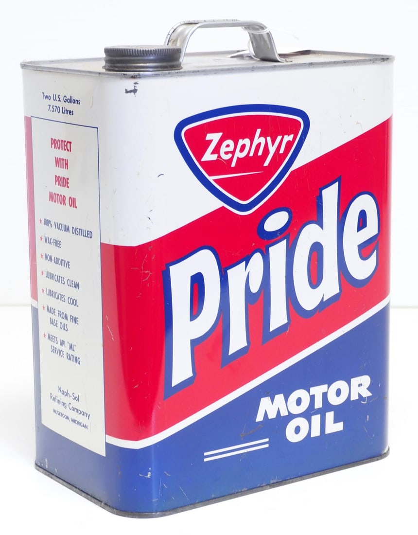 1-gallon Zephyr Pride Motor Oil tin: 1-gallon Zephyr Pride Motor Oil tin, empty