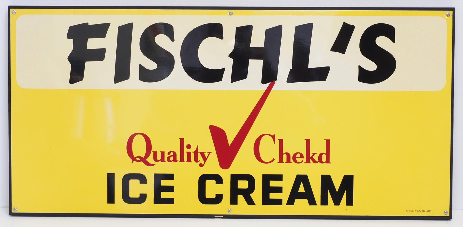 Fischl's Ice Cream sign: 30"x14" SST Fischl's Ice Cream sign mounted to wood, marked M-H Co. Phila AFL 559 - Excellent Condition Excellent
