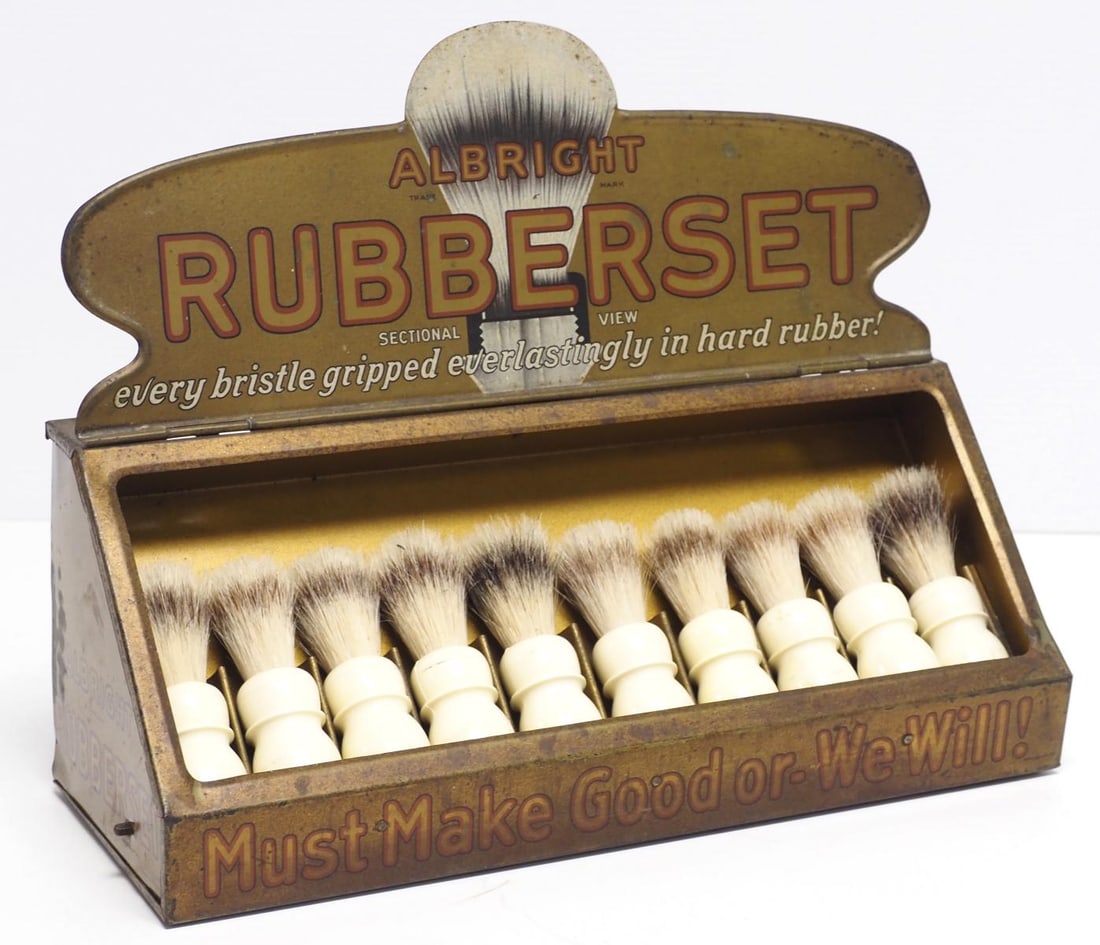 Alright Rubberset shaving brush display: Alright Rubberset shaving brush tin countertop display full with product, 16"L x 12"H