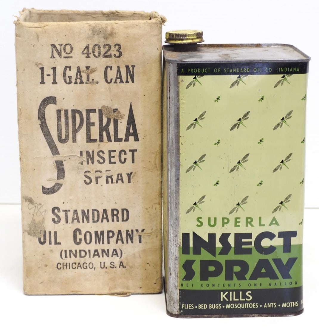 1-gallon Superla Insect Spray tin: 1-gallon Superla Insect Spray tin with great color and original box - Good with some dents Condition Good with some dents