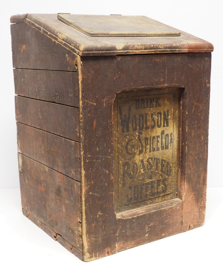 Wooden primitive Wilson Spice Co. coffee bin: Wooden primitive Wilson Spice Co. coffee bin, 15"W x 16"D x 23"H - Good Condition Good