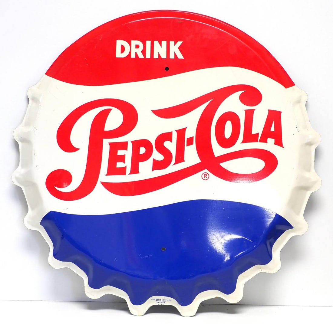 Drink Pepsi Cola bottle cap sign: 30.5"dia. tin Drink Pepsi Cola bottle cap sign, marked Stout PM 1065, TAC - Very Good Condition Very Good