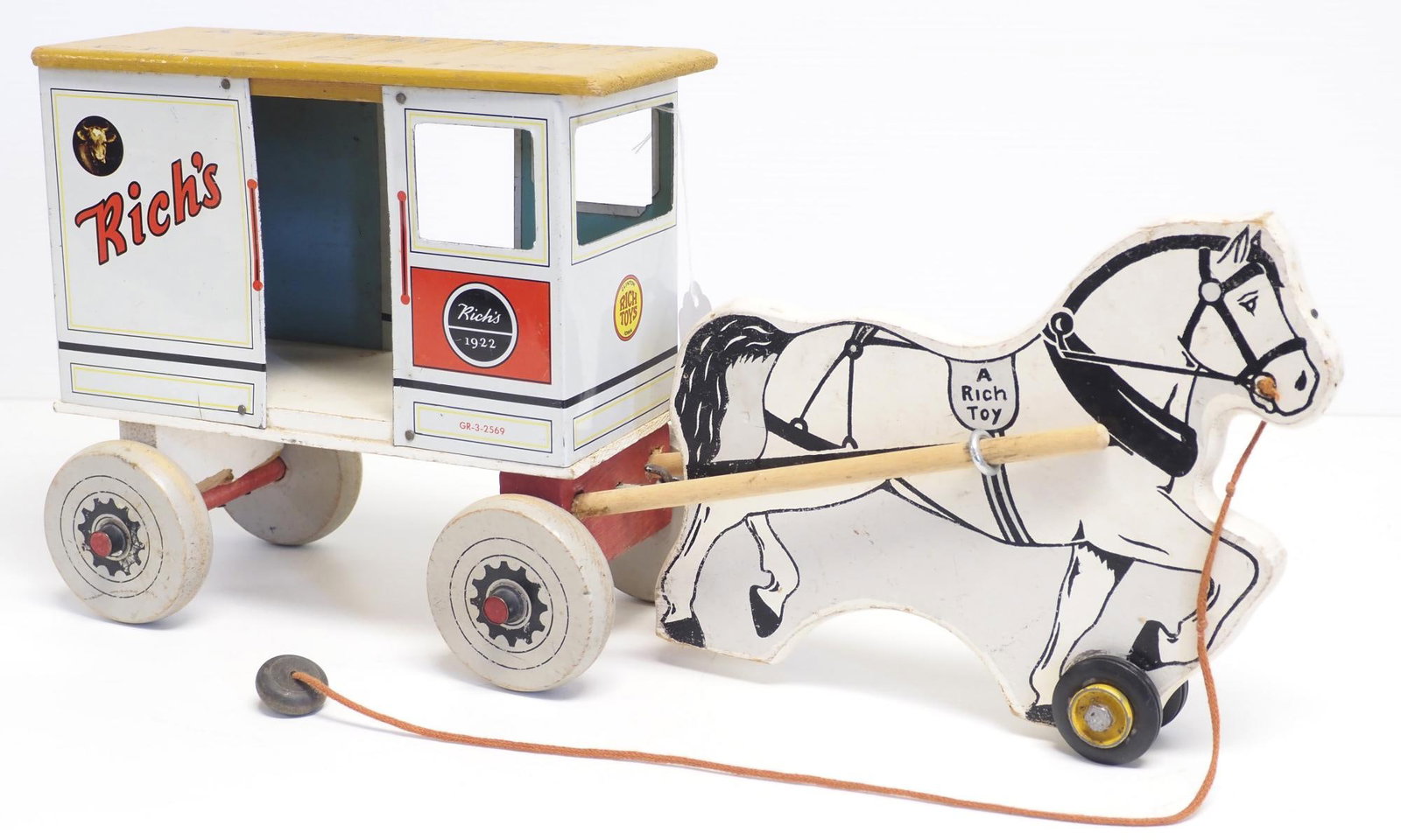 Rich Toys wood & tin horse-drawn milk wagon: Rich Toys wood & tin horse-drawn milk wagon toy, 20"L