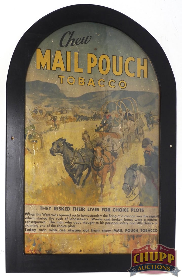 Mail Pouch Tobacco cardboard advertisement: Mail Pouch Tobacco cardboard advertisement "The Risked Their Lives For Choice Plots" with Indian graphics, in 24"x37" wood frame