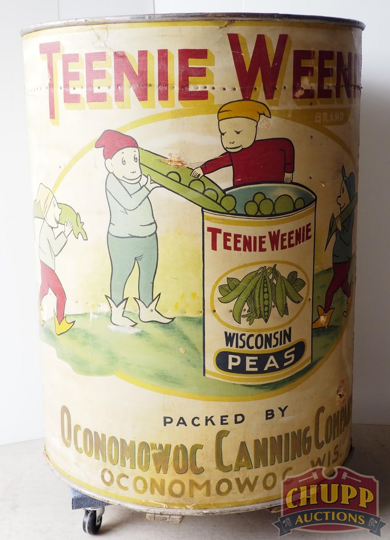Teenie Weenie Wisconsin Peas store display: Oversized wooden Teenie Weenie Wisconsin Peas store display with painted cardboard label, 36"dia. x 48"H - Good with some wear * * NOT ELIGIBLE FOR IN-HOUSE SHIPPING. Please contact the auction house