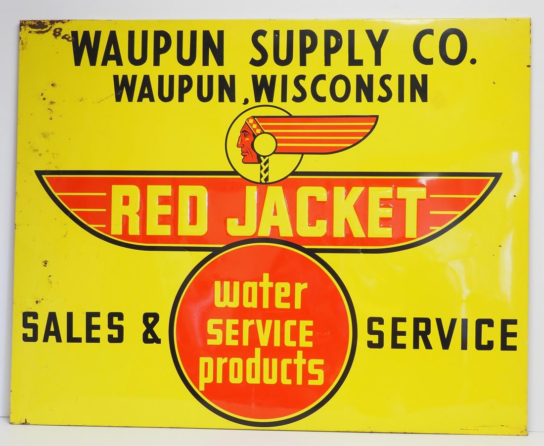 Red Jacket Water Service Products sign: 58"x46.5" SST embossed Red Jacket Water Service Products sign with graphics of Indian - Good with rust spot in top left corner * * NOT ELIGIBLE FOR IN-HOUSE SHIPPING. Please contact the auction house
