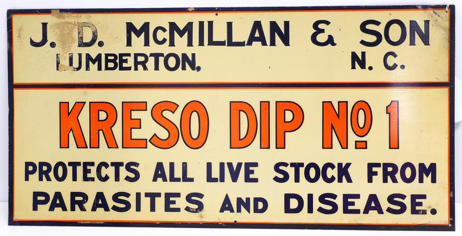 Kreso Dip No.1 dealer sign: 23.5"x11.5" SST Kreso Dip No.1 dealer sign for J.D. McMillan & Son, Lumberton, NH