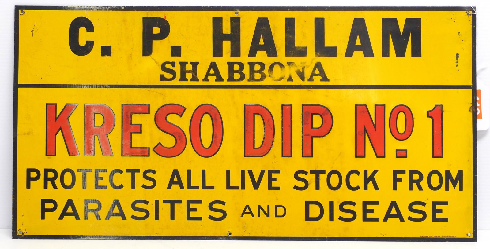 Kreso Dip No.1 dealer sign: 23"x11.5" SST Kreso Dip No.1 dealer sign for C.P. Hallam, Shabbona
