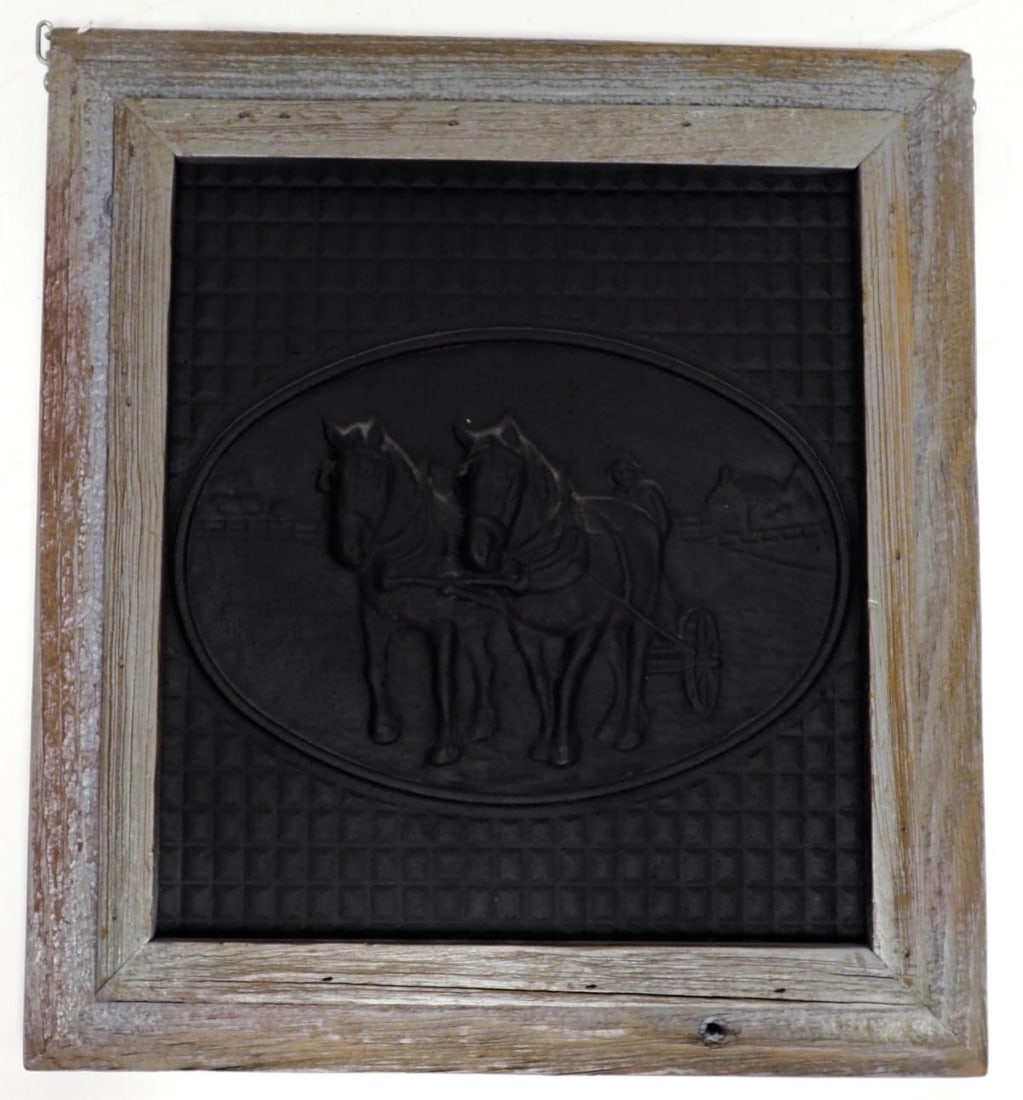 Embossed cast iron 2-horse farm hitch in frame: 14"x15.5" framed cast iron embossed with 2-horse farm hitch