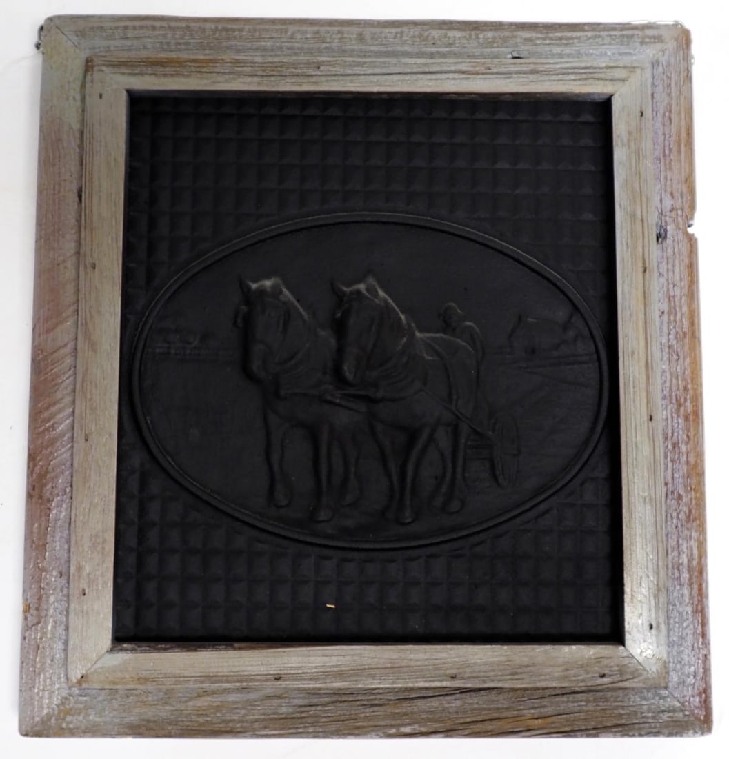 Embossed cast iron 2-horse farm hitch in frame: 14"x15.5" framed cast iron embossed with 2-horse farm hitch