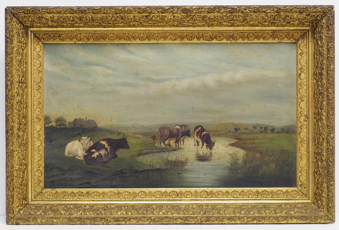 Early oil painting of pasture scene with cows: Early oil painting of pasture scene with cows in early frame, frame measures 30"x20"