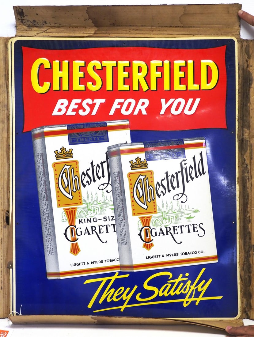 Chesterfield Cigarette signs: (3) NOS 23.5"x29.5" SST embossed Chesterfield Cigarette signs, in original cardboard shipping box, sells as one lot!