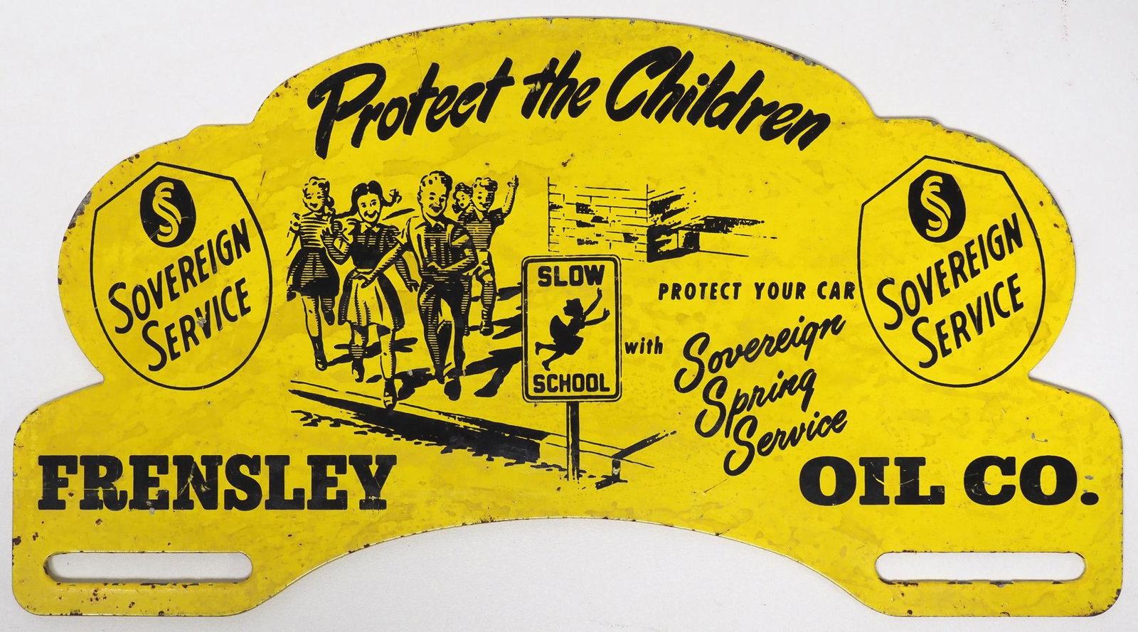 Frensley Oil Co. tin license plate topper: Frensley Oil Co. tin license plate topper