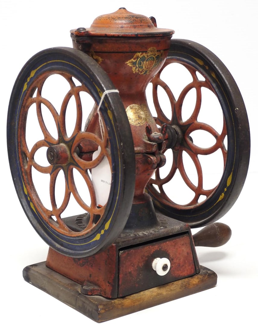 Enterprise table-top coffee grinder: Enterprise table-top coffee grinder, 8.75"dia. wheel, with good original paint