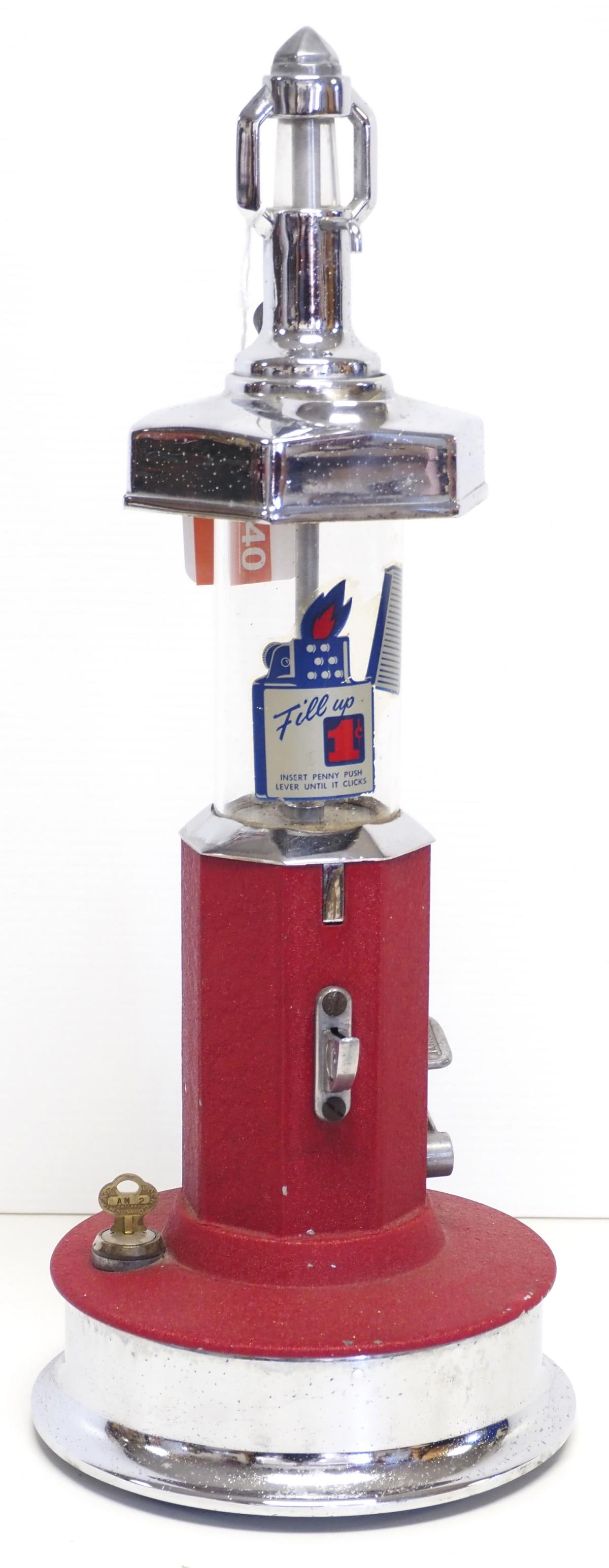 Van-Lite 1-cent lighter fluid dispenser: Van-Lite 1-cent coin-operated lighter fluid dispenser with key, 19"H