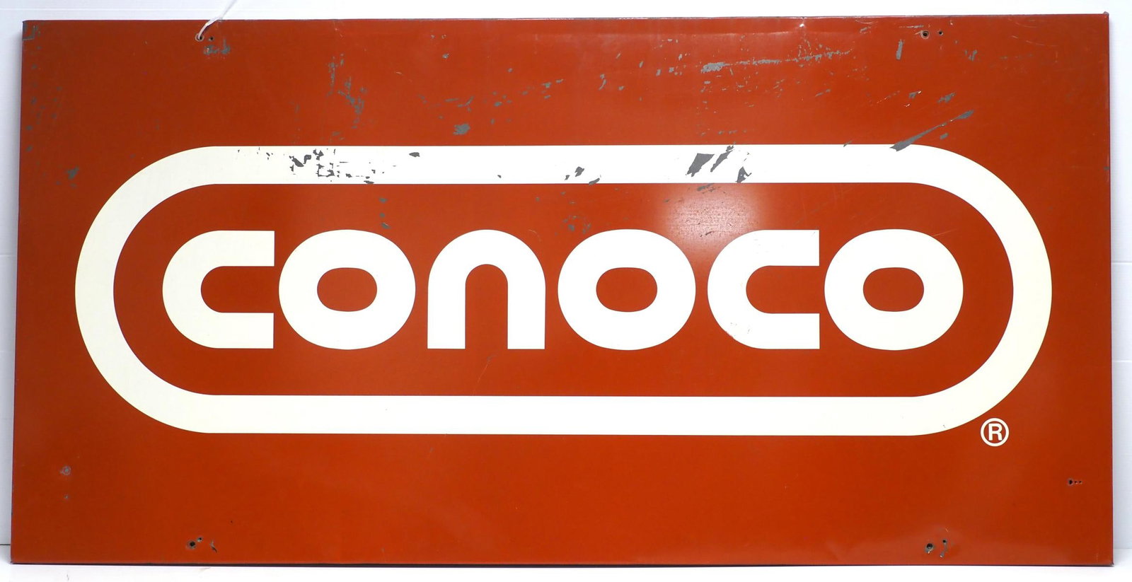 Conoco sign: 6'x3' self-framed tin Conoco sign - Good with some paint peeling Condition Good with some paint peeling