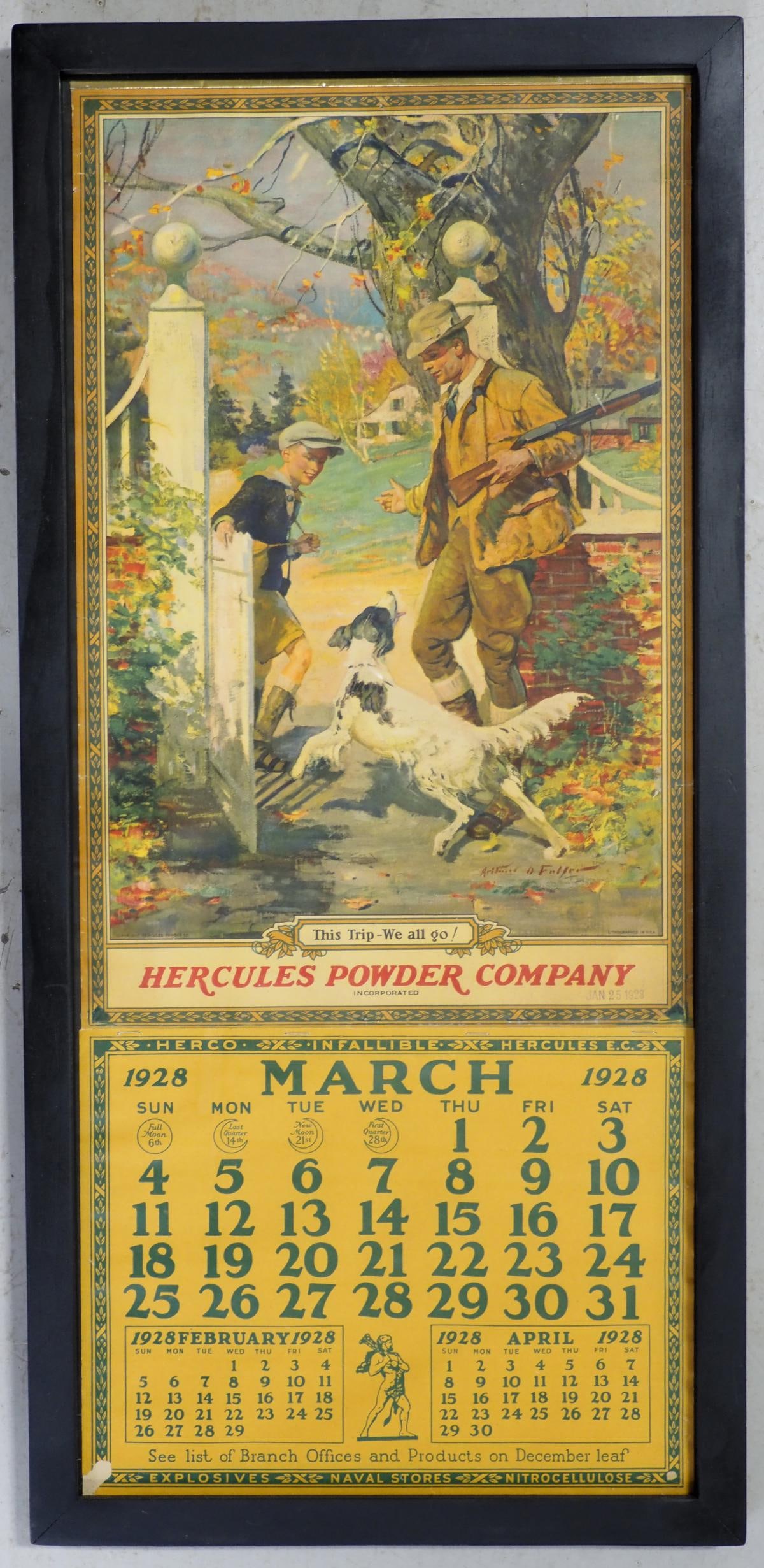 1928 Hercules Powder Company calendar: 13"x30" paper 1928 Hercules Powder Company calendar with great scene and color, in modern frame - Good, missing front sheet of calendar Condition Good, missing front sheet of calendar