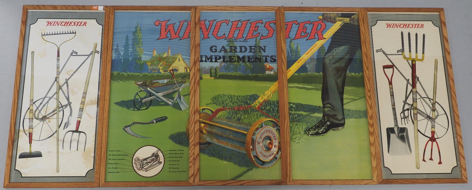 RARE 5-pc Winchester 2-sided advertisement: Framed RARE 5-pc Winchester 2-sided advertisement for Spring Gardening on one side and Red Brand Paint and Varnish on the other, each panel 19.5"x41.5"H