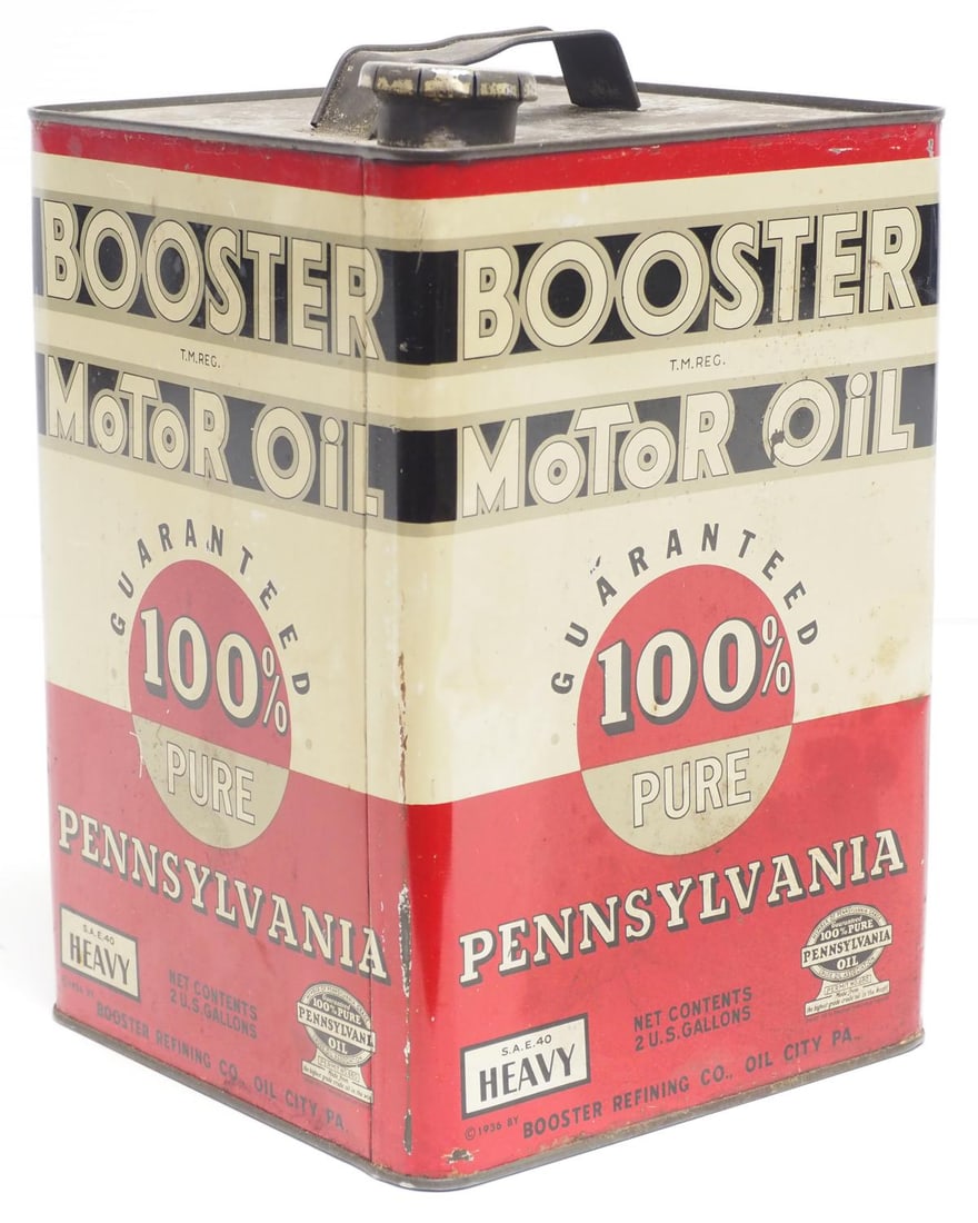 2-gallon Booster Motor Oil tin: 2-gallon Booster Motor Oil tin with good color, empty