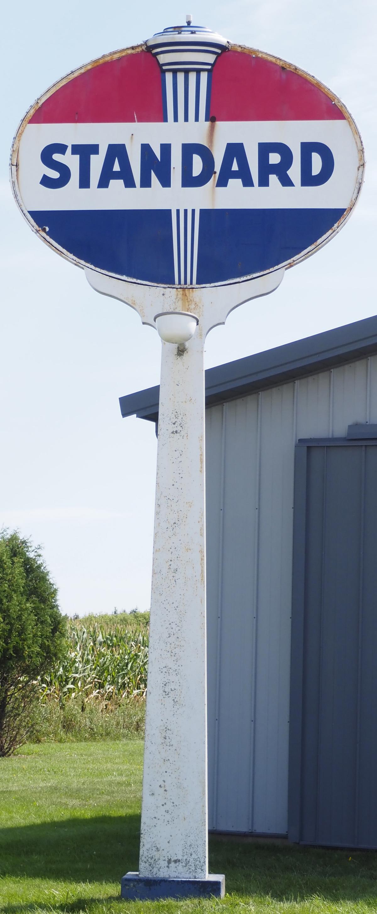 Standard Oil gas station sign: 18'H Standard Oil gas station sign with 2-sided Standard porcelain sign, porcelain light fixtures and porcelain boat! WOW! Buyer is responsible for removal * * NOT ELIGIBLE FOR IN-HOUSE SHIPPING. Plea