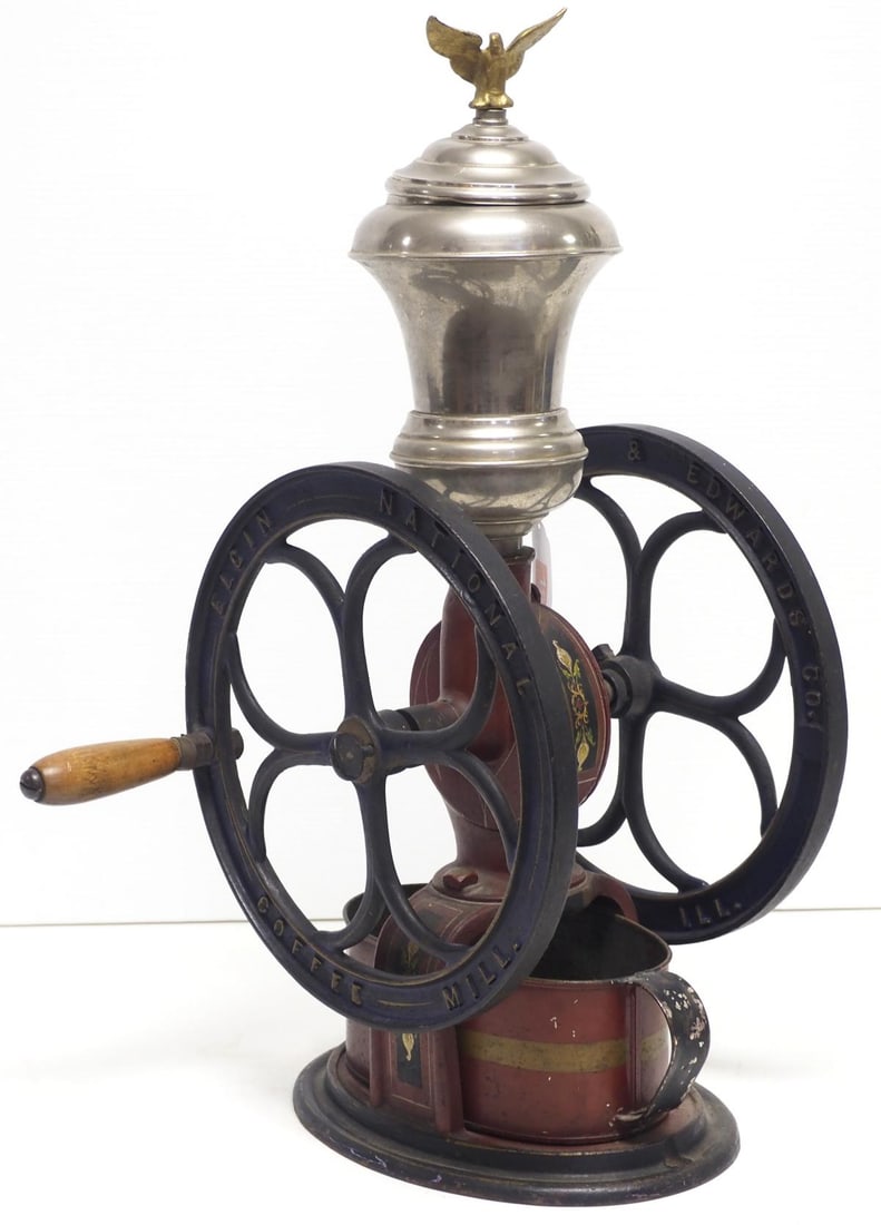 Elgin National No.49 table-top coffee mill: Elgin National No.49 table-top coffee mill with original paint and eagle finial, wheel is 11.5"dia.