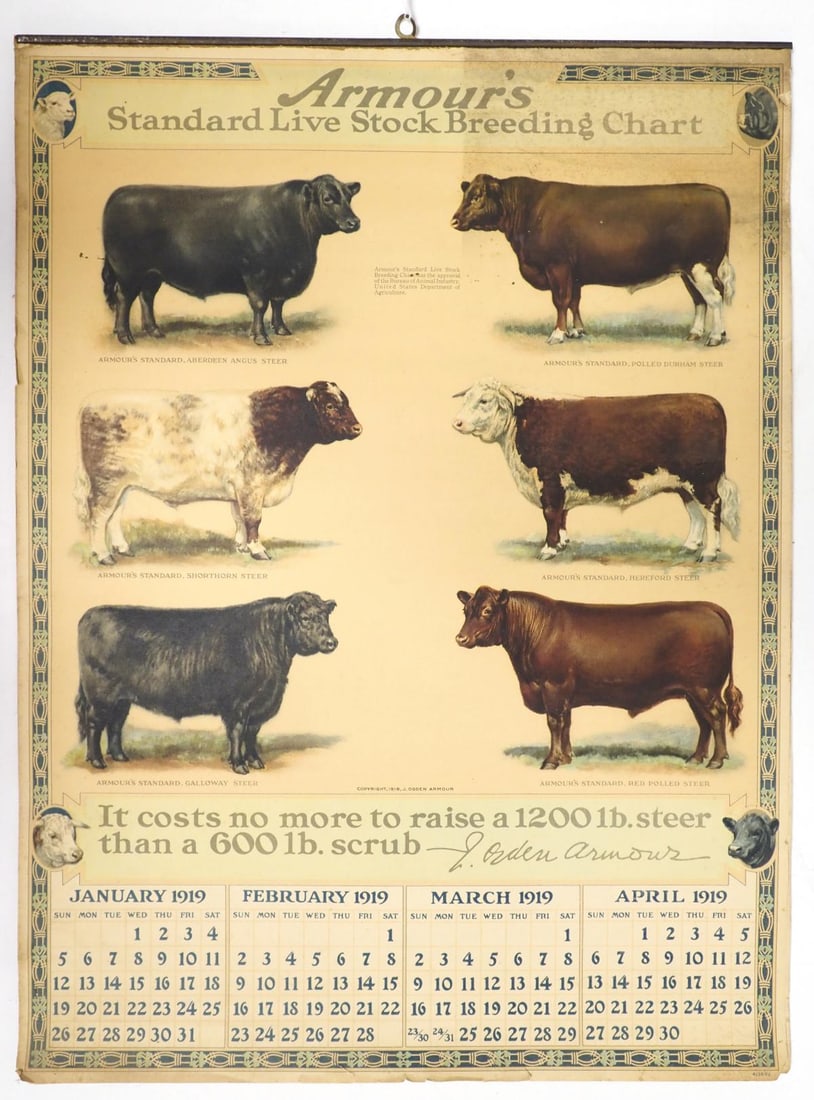 1919 Armour's Breeding Chart calendar: 15"x20" paper 1919 Armour's Standard Live Stock Breeding Chart calendar, complete - Very Good with wear Condition Very Good with wear