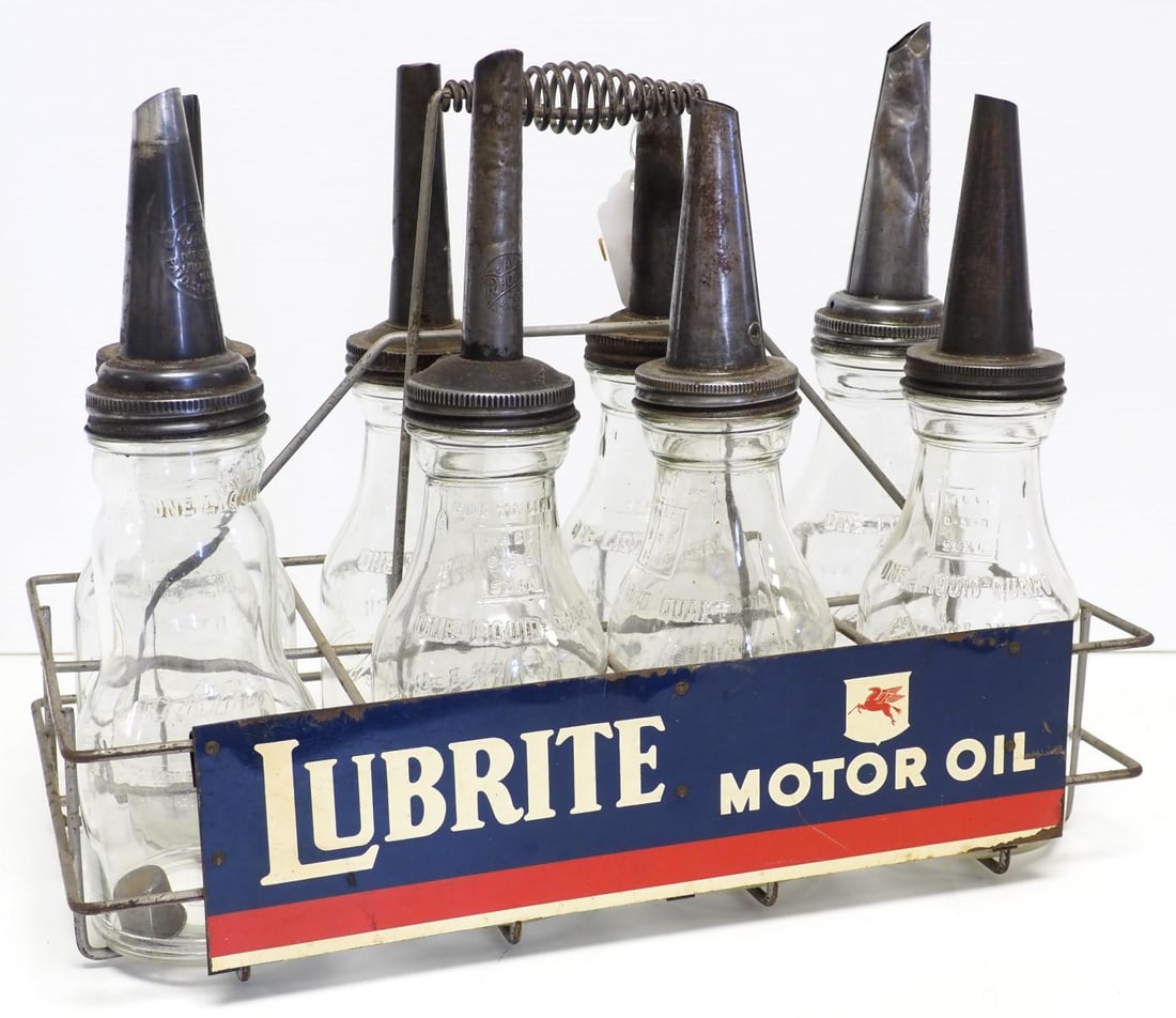 Lubrite Motor Oil oil can carrier: Lubrite Motor Oil oil can carrier with 8 Brookside glass oil bottles and spouts