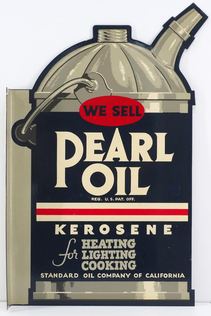 We Sell Pearl Oil sign die-cut - WOW!: 12"x19" DST flanged We Sell Pearl Oil sign die-cut as oil can! WOW!, marked R-47