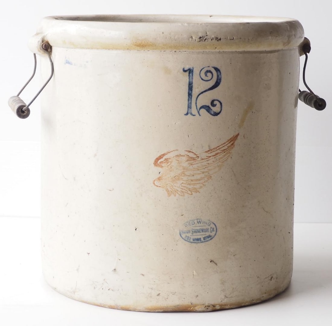 12-gallon Red Wing crock with handles: 12-gallon Red Wing crock with handles - Good * * NOT ELIGIBLE FOR IN-HOUSE SHIPPING. Please contact the auction house for transport options and additional details. Items must be picked up within 10