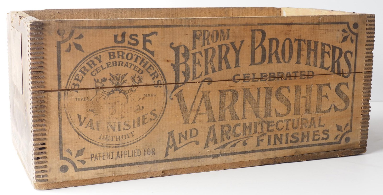 Berry Brothers Varnishes wooden shipping box: Berry Brothers Varnishes wooden shipping box with original shipping tag, 27"x14"x12"H * * NOT ELIGIBLE FOR IN-HOUSE SHIPPING. Please contact the auction house for transport options and additional